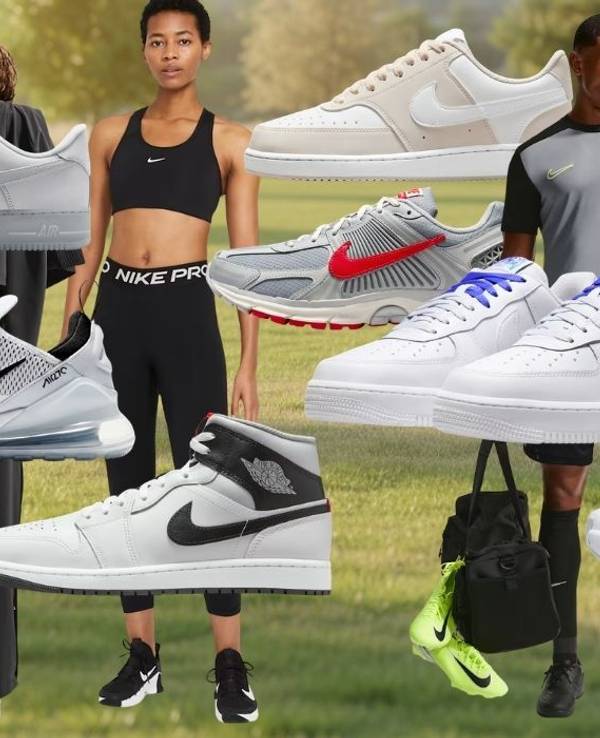 Nike Sommersale mit Sneakern, Sportschuhen und Trainingskleidung für Damen und Herren in verschiedenen Farben und Modellen auf grüner Wiese.