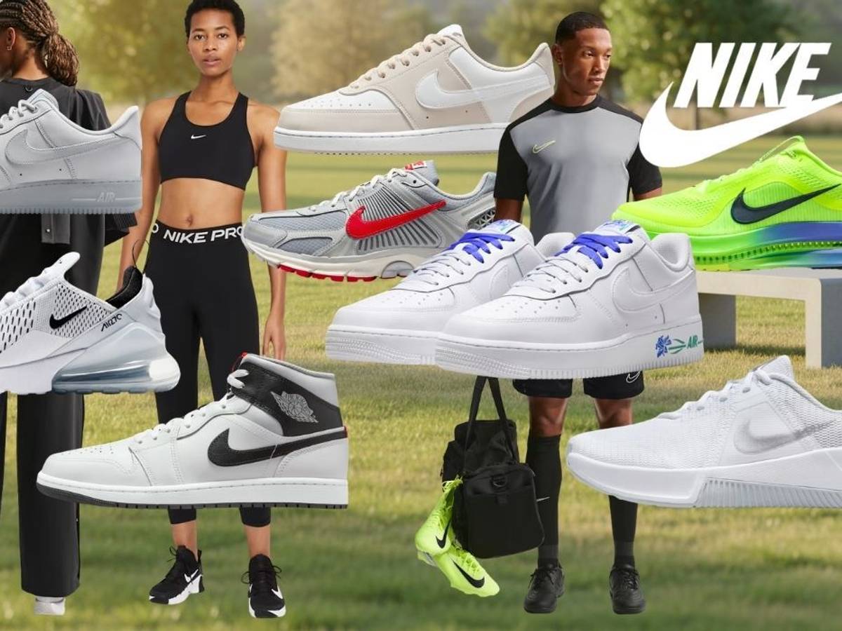 Nike Sommersale mit Sneakern, Sportschuhen und Trainingskleidung für Damen und Herren in verschiedenen Farben und Modellen auf grüner Wiese.