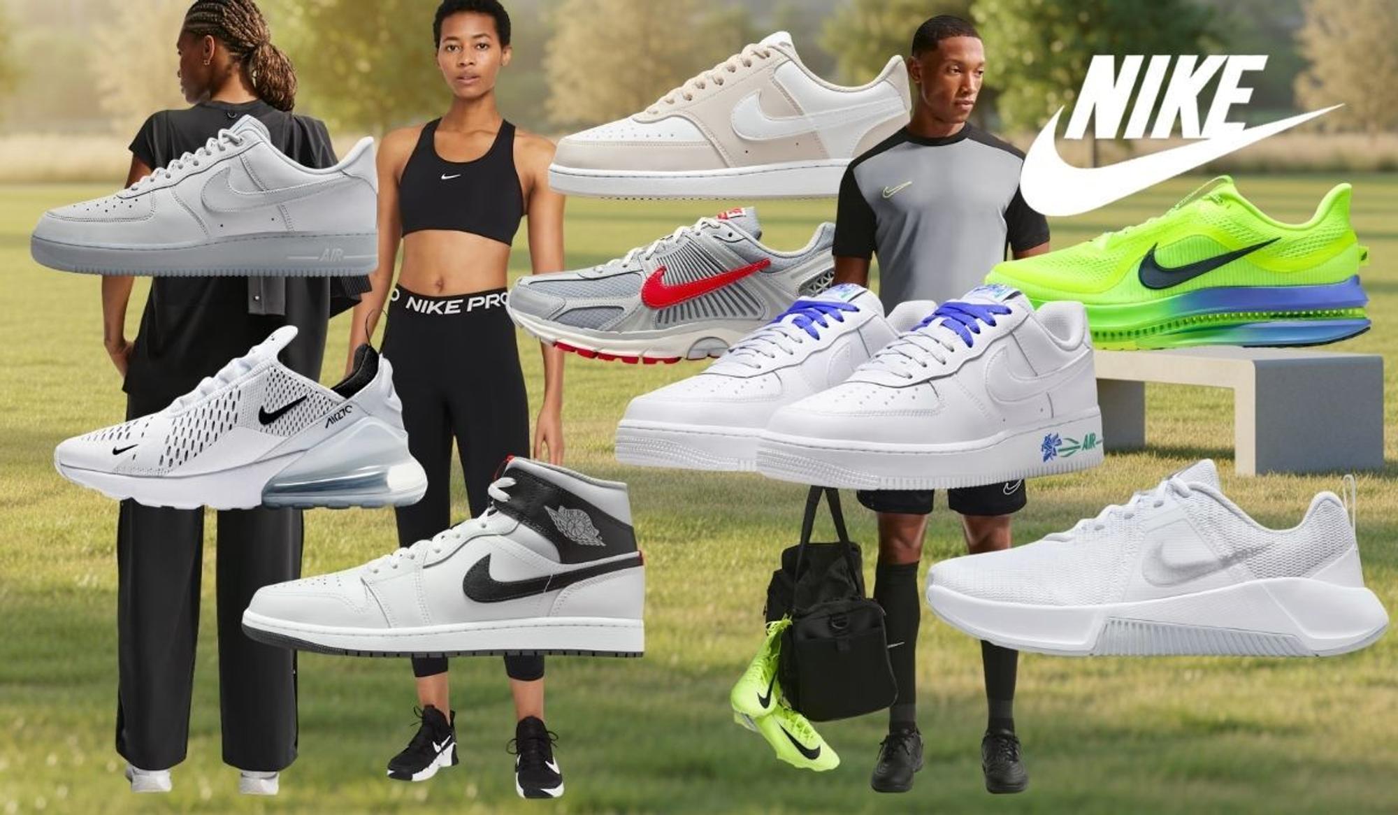 Nike Sommersale mit Sneakern, Sportschuhen und Trainingskleidung für Damen und Herren in verschiedenen Farben und Modellen auf grüner Wiese.