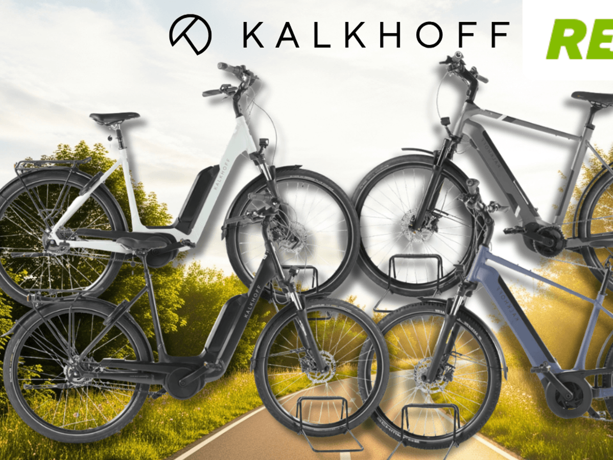 4 unterschiedliche E-Bikes von Kalkhoff vor einem Fahrradweg.