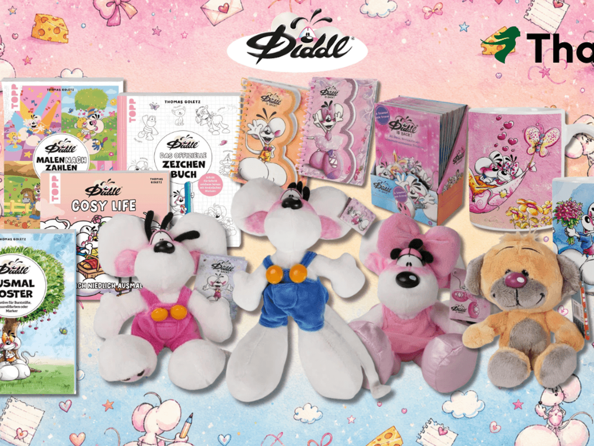 Verschiedene Diddl Produkte wie Diddl Kuscheltiere, Ausmalblöcke, Tassen, Notizzettel und mehr.