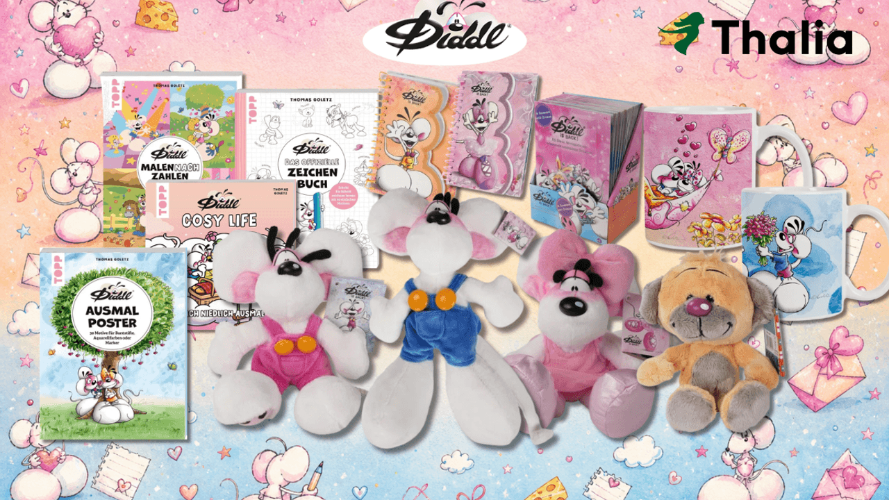 Verschiedene Diddl Produkte wie Diddl Kuscheltiere, Ausmalblöcke, Tassen, Notizzettel und mehr.