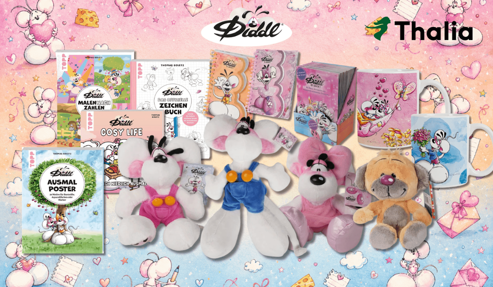 Verschiedene Diddl Produkte wie Diddl Kuscheltiere, Ausmalblöcke, Tassen, Notizzettel und mehr.