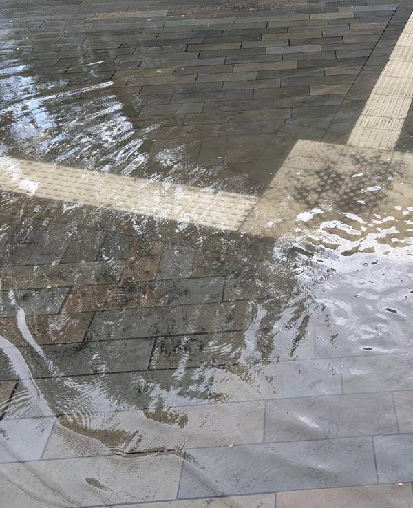 Wenn es stark regnet, steht auf dem neu umgestalteten Albertus-Magnus-Platz eine große Pfütze.