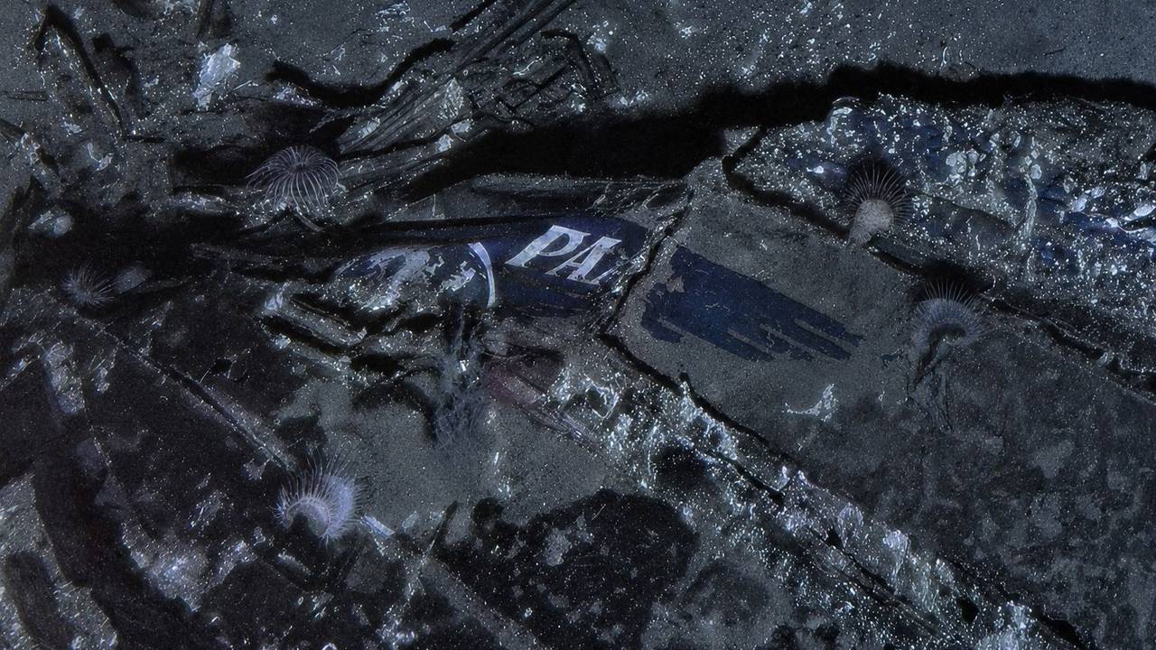 Dieses zusammengesetzte Bild, das von der Air/Sea Heritage Foundation und Deep Sea Vision zur Verfügung gestellt wurde, zeigt ein Logo der Pan American World Airways am Bug des Wracks der „Clipper Endeavor“. Das Wrack der Maschine wurde nach mehr als 70 Jahren gefunden.