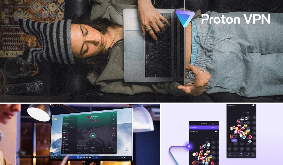 Proton VPN Nutzerin mit Laptop, App-Übersicht am Monitor mit Serverstandort Schweiz sowie Smartphone-Screenshots der Proton VPN Länderauswahl und Secure-Core-Funktion.