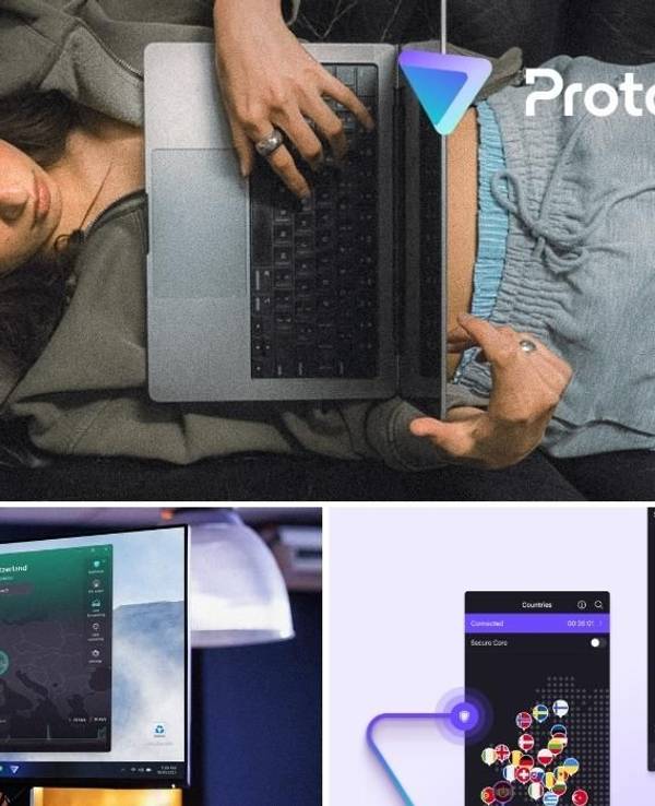 Proton VPN Nutzerin mit Laptop, App-Übersicht am Monitor mit Serverstandort Schweiz sowie Smartphone-Screenshots der Proton VPN Länderauswahl und Secure-Core-Funktion.