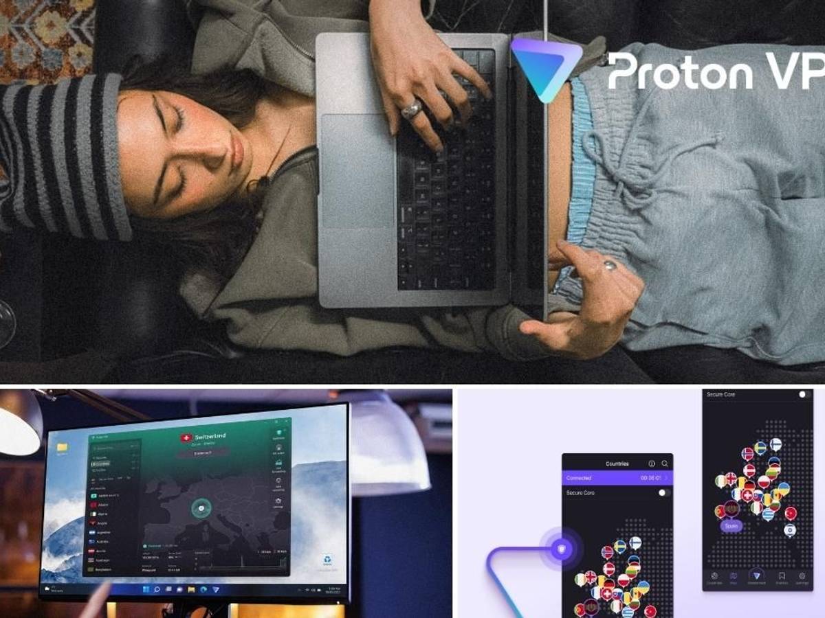 Proton VPN Nutzerin mit Laptop, App-Übersicht am Monitor mit Serverstandort Schweiz sowie Smartphone-Screenshots der Proton VPN Länderauswahl und Secure-Core-Funktion.