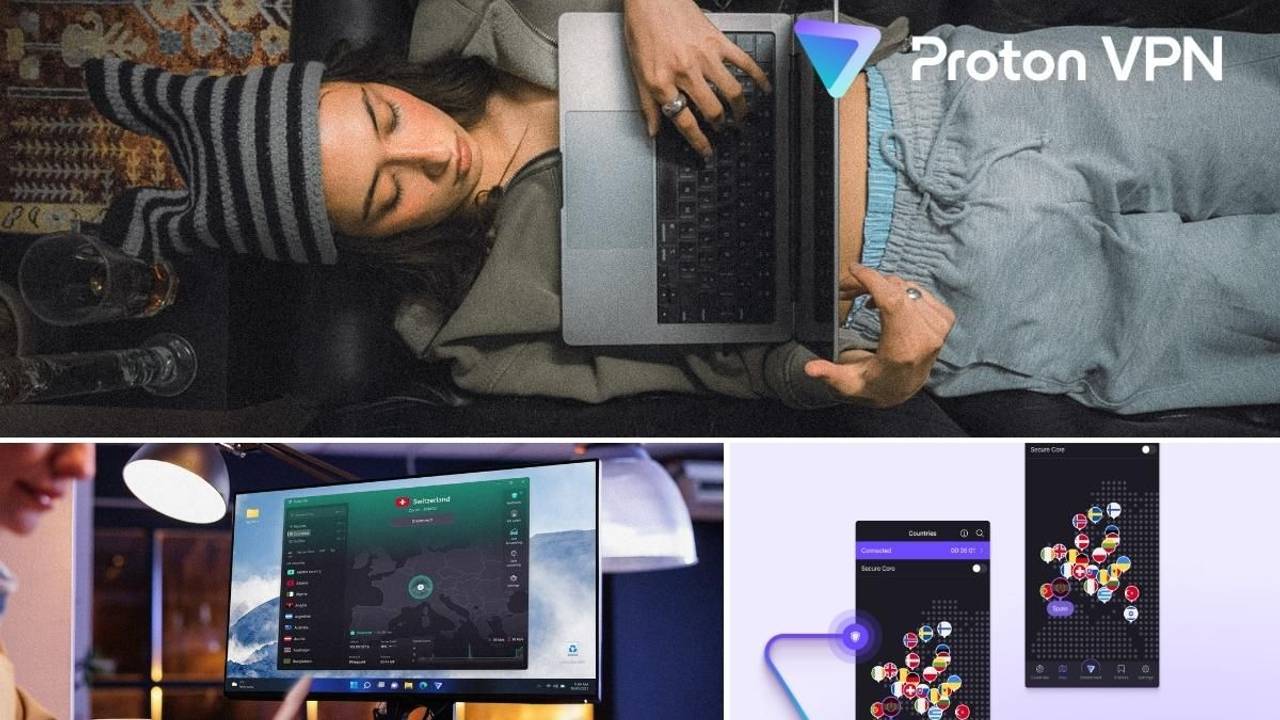 Proton VPN Nutzerin mit Laptop, App-Übersicht am Monitor mit Serverstandort Schweiz sowie Smartphone-Screenshots der Proton VPN Länderauswahl und Secure-Core-Funktion.