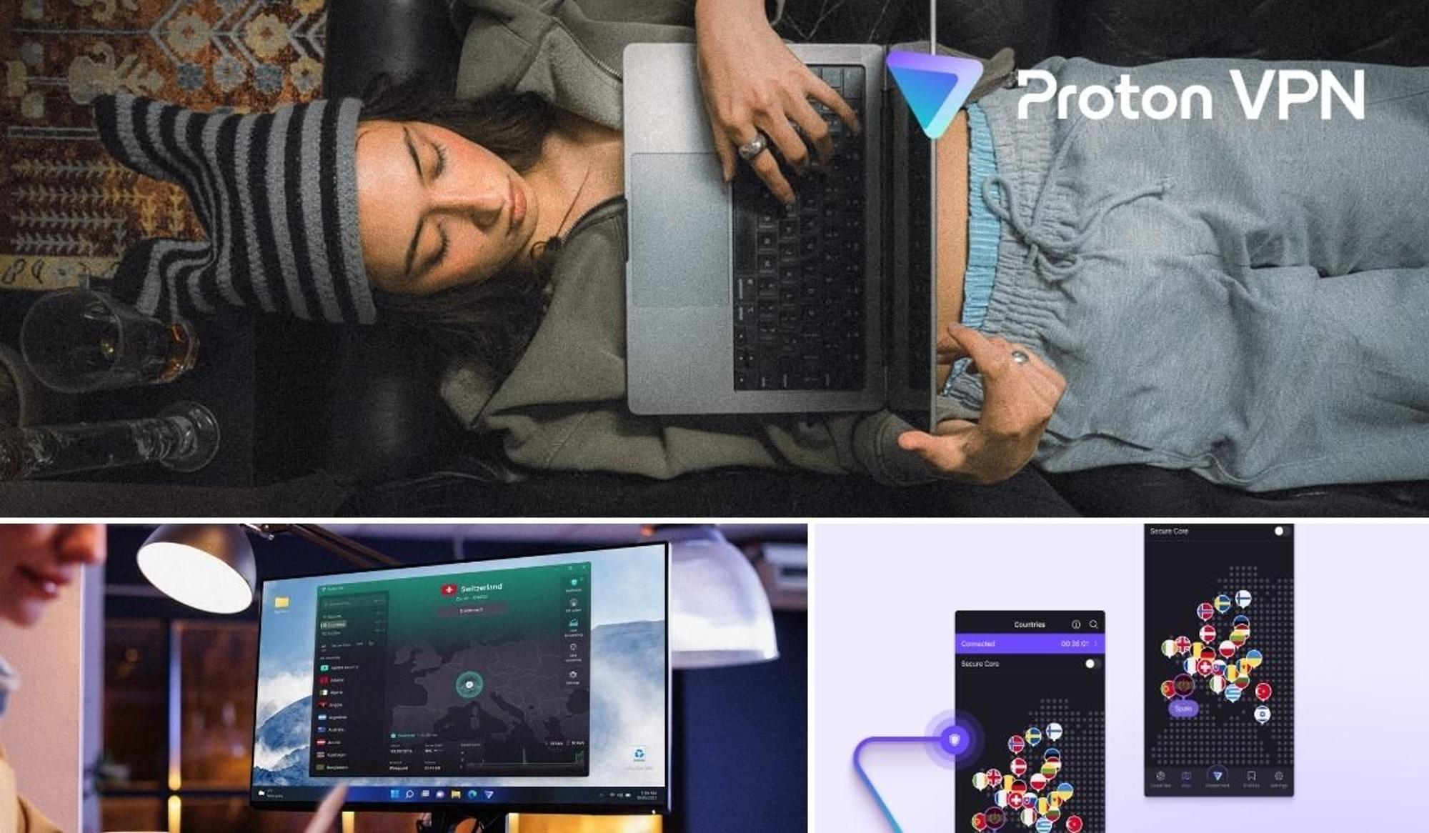 Proton VPN Nutzerin mit Laptop, App-Übersicht am Monitor mit Serverstandort Schweiz sowie Smartphone-Screenshots der Proton VPN Länderauswahl und Secure-Core-Funktion.