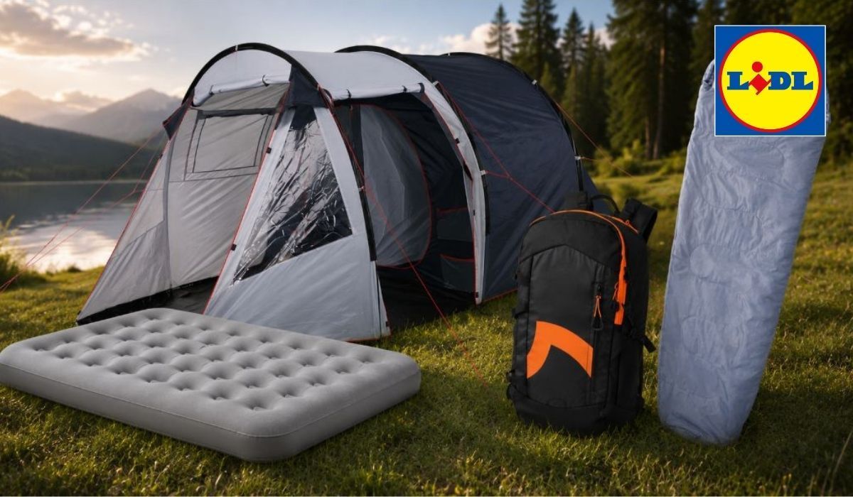 Camping Produkte wie Zelt, Luftbett, Schlafsack in einer grünen Landschaft am See und neben einem Wald.