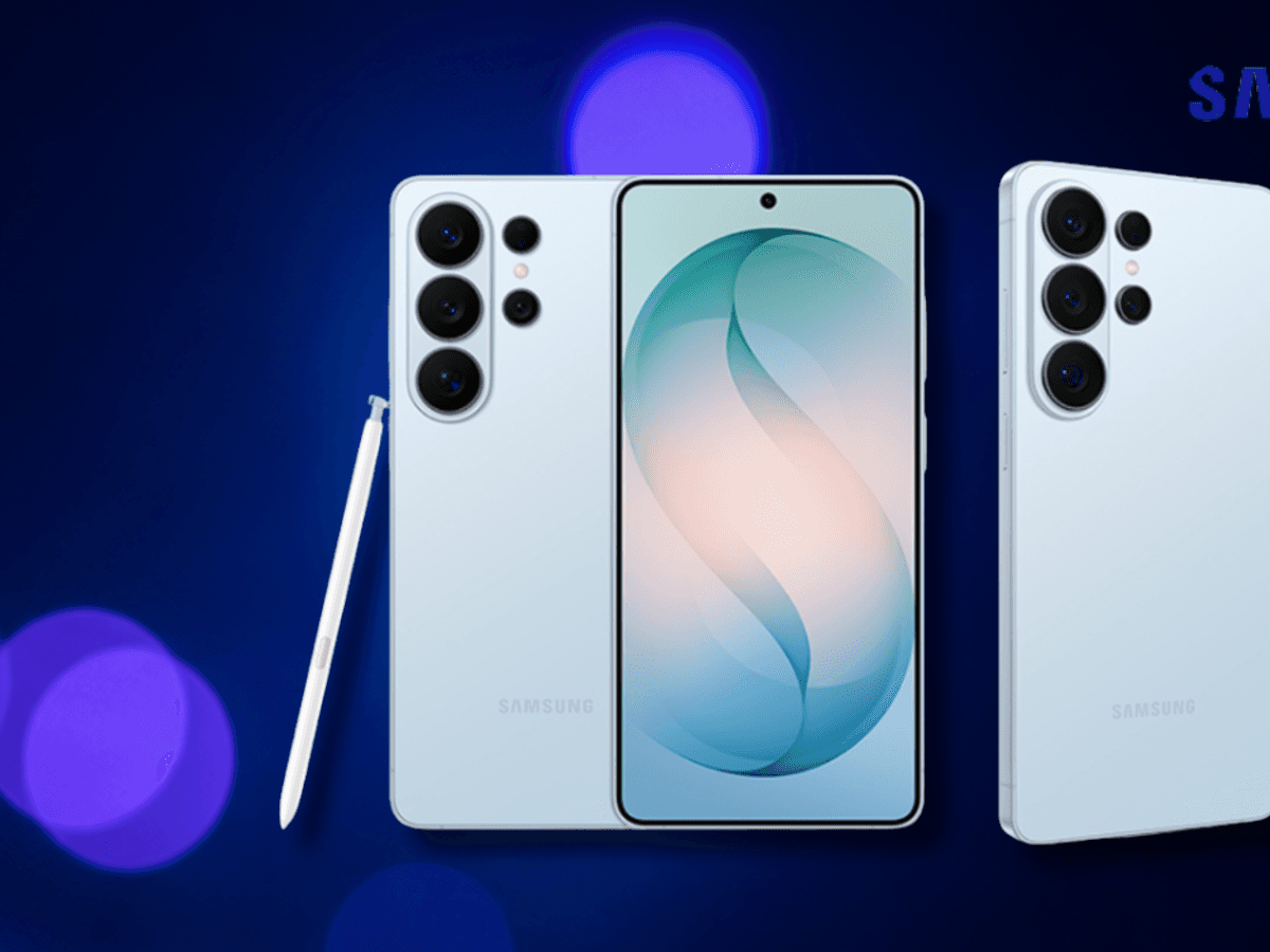 Das Samsung Galaxy S26 Ultra vor einem blauen Hintergrund.