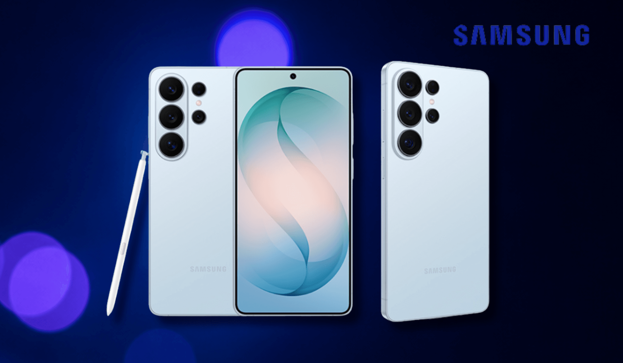 Das Samsung Galaxy S26 Ultra vor einem blauen Hintergrund.