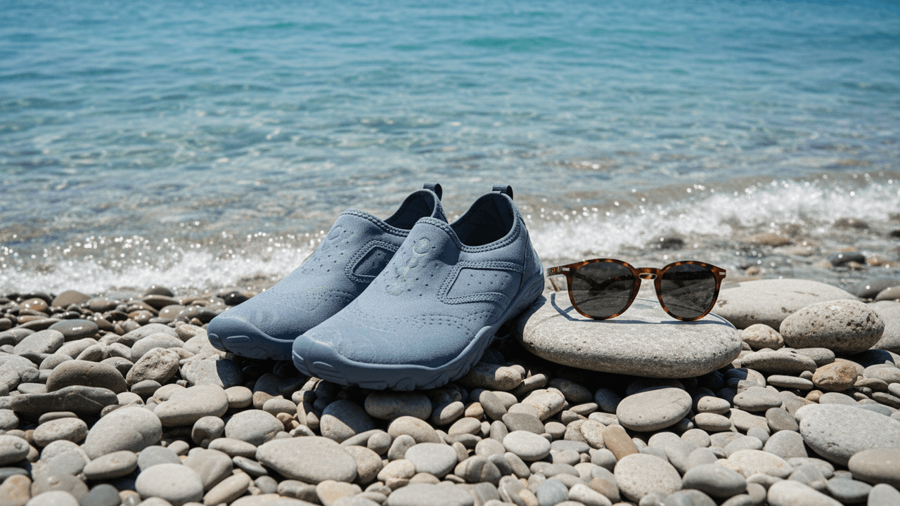 Badeschuhe an einem Steinstrand stehend.