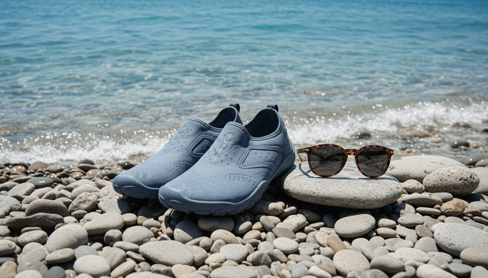 Badeschuhe an einem Steinstrand stehend.