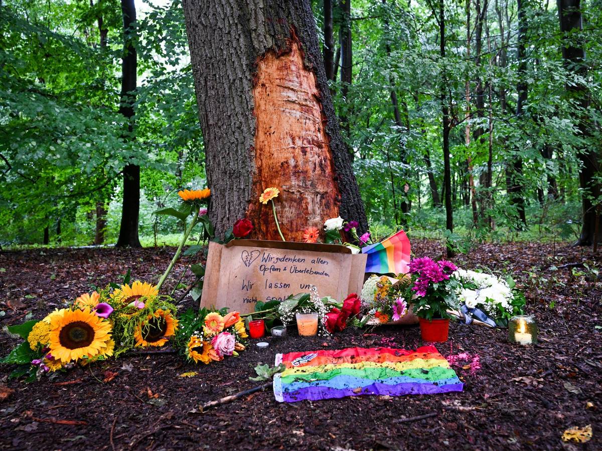 Blumen, Kerzen und die Botschaft „Wir gedenken aller Opfer und Überlebenden“ sind an einem Baum mit beschädigter Rinde zu sehen, wo ein Fahrzeug am Rande des Christopher Street Day in eine Menschenmenge gefahren war.