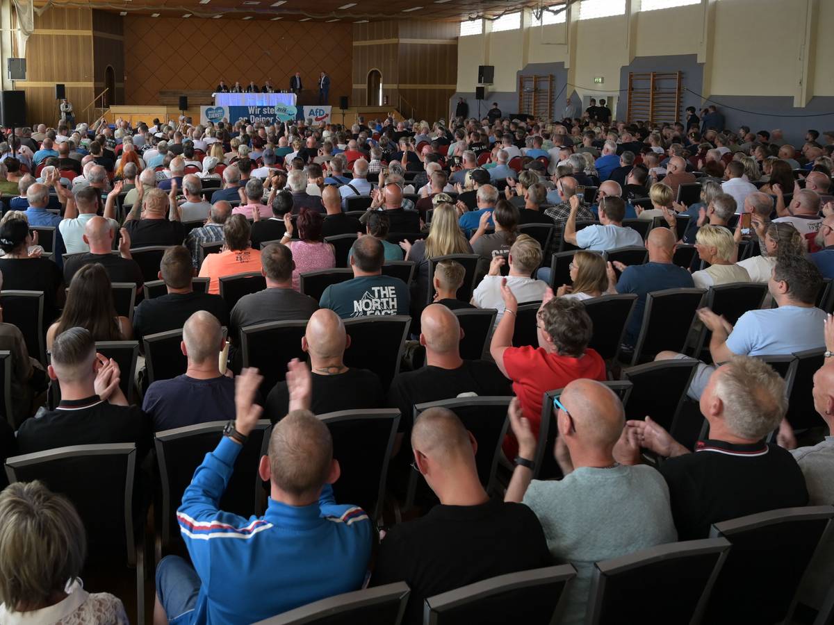 Teilnehmer sitzen in einem Saal beim Bürgerforum der AfD in Harsleben. (Symbolfoto)