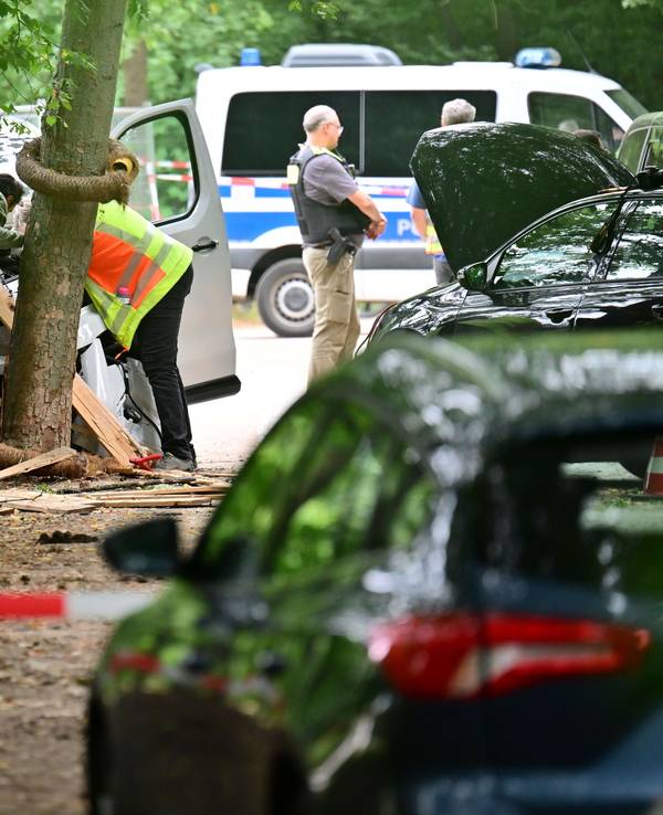 Ein Mitarbeiter der Unfallforschung betrachtet ein Fahrzeug, das in einen Baum im Bereich des Tiergartens gefahren ist.