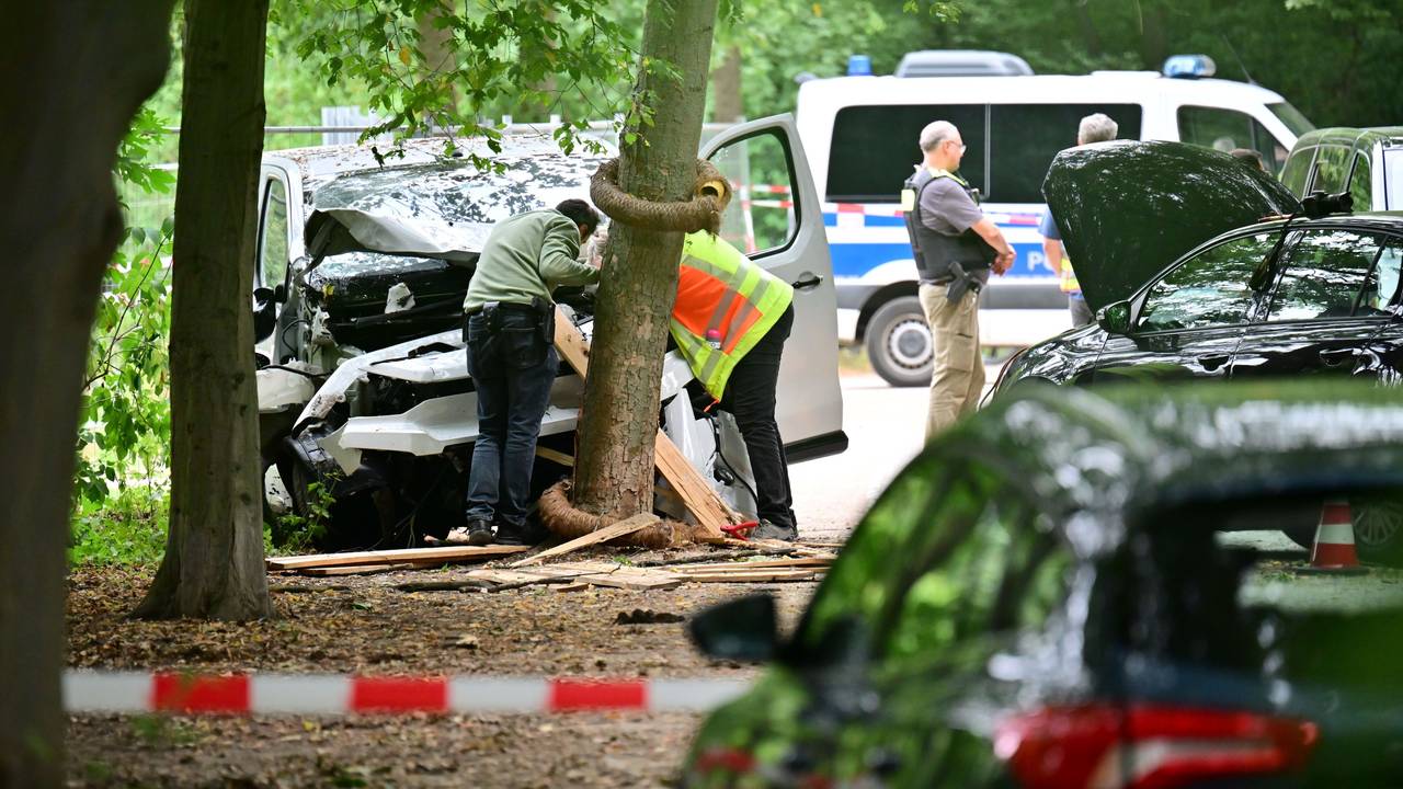Ein Mitarbeiter der Unfallforschung betrachtet ein Fahrzeug, das in einen Baum im Bereich des Tiergartens gefahren ist.
