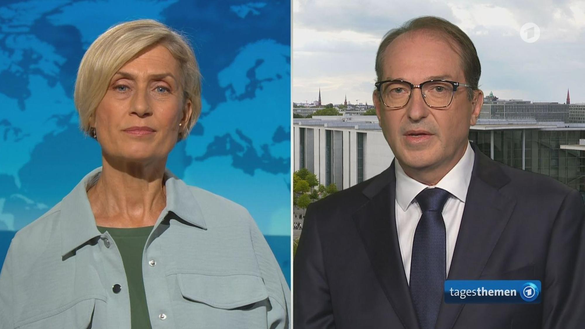 Bundesinnenminister Alexander Dobrindt stellte sich in den ARD-“Tagesthemen“ den Fragen von Susanne Stichler. (Bild: ARD)