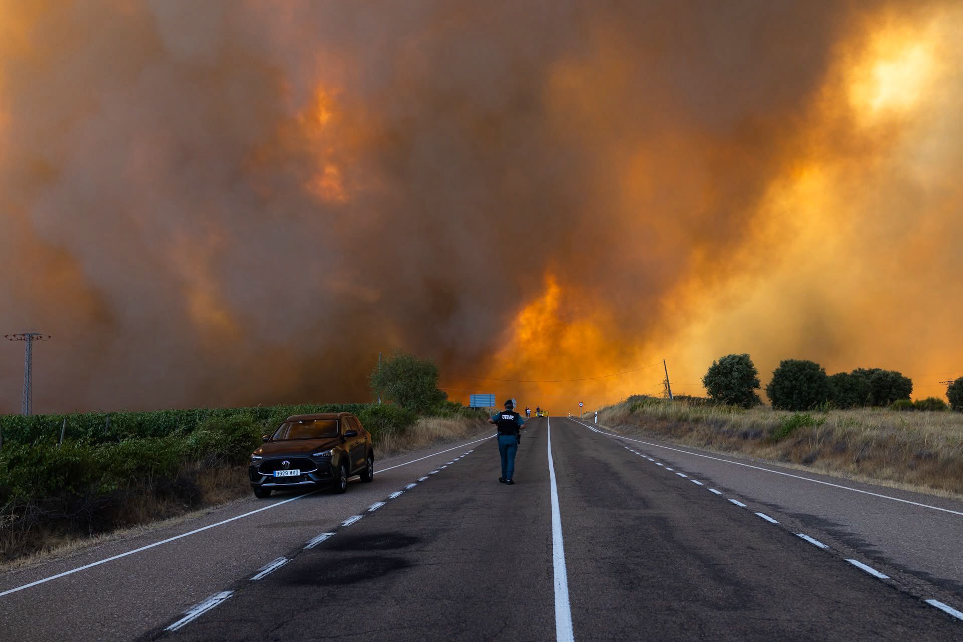 Dichter Rauch ist während eines Waldbrandes am Rande einer Landstraße zu sehen. Im Naturpark Arribes del Duero in Fermoselle brach  im Gebiet El Picón an den Hängen des Flusses Tormes ein Waldbrand der Stufe 2 aus.