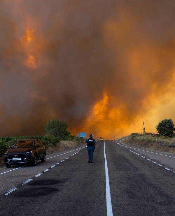 Dichter Rauch ist während eines Waldbrandes am Rande einer Landstraße zu sehen. Im Naturpark Arribes del Duero in Fermoselle brach im Gebiet El Picón an den Hängen des Flusses Tormes ein Waldbrand der Stufe 2 aus.
