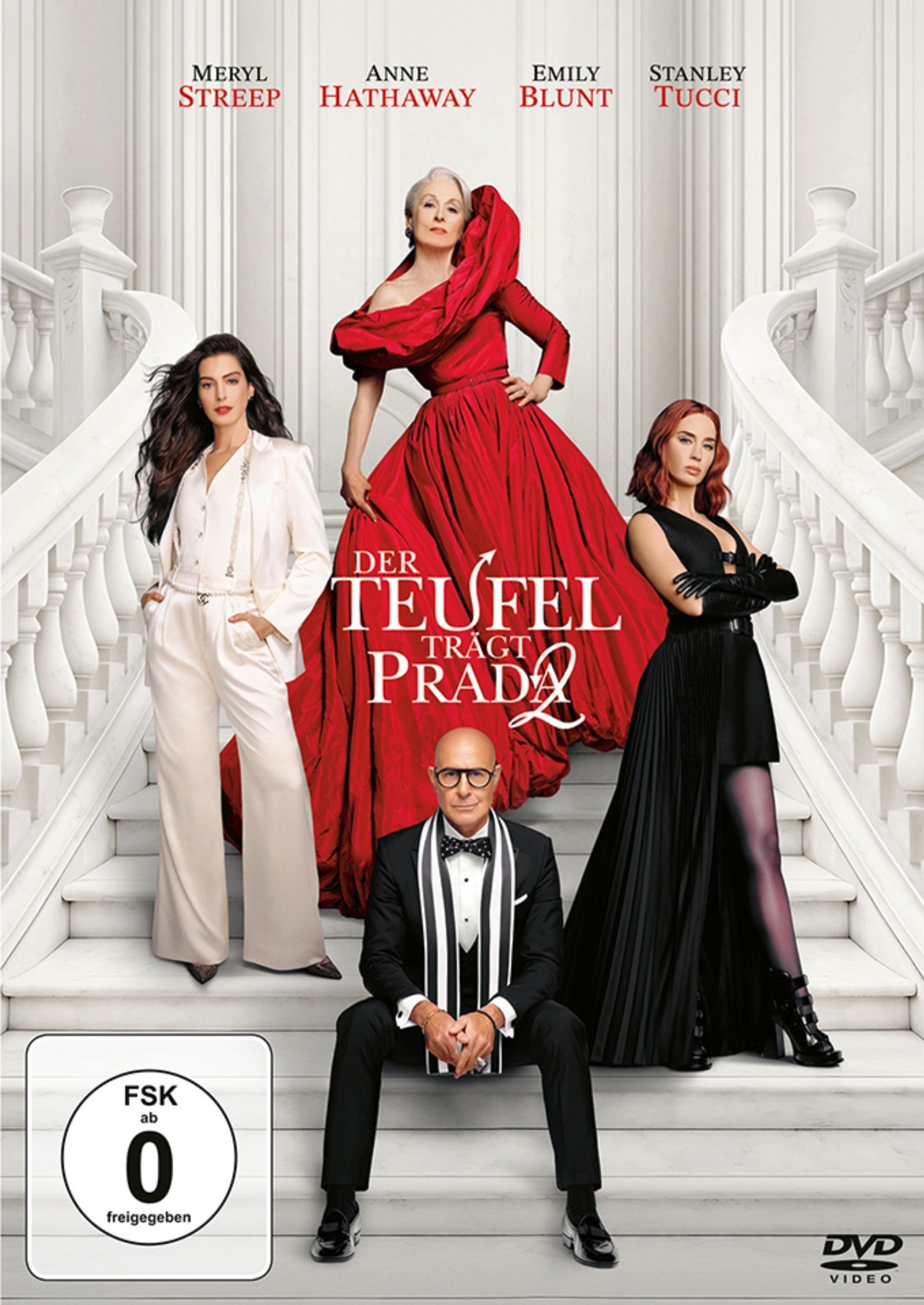 In „Der Teufel trägt Prada 2“ wirken alle Stars mit, die auch schon vor 20 Jahren im Vorgängerfilm zu sehen waren. Im Bild, von links: Anne Hathaway, Meryl Streep, Stanley Tucci und Emily Blunt. (Bild: Leonine/2026 20th Century Studios)