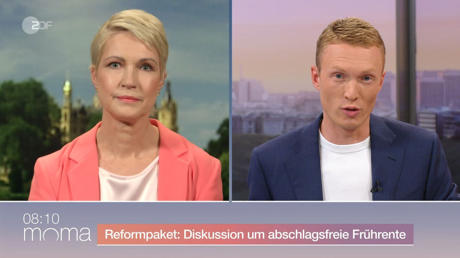 Manuela Schwesig stellte sich im ZDF-“Morgenmagazin“ den Fragen von Philip Wortmann. (Bild: ZDF)