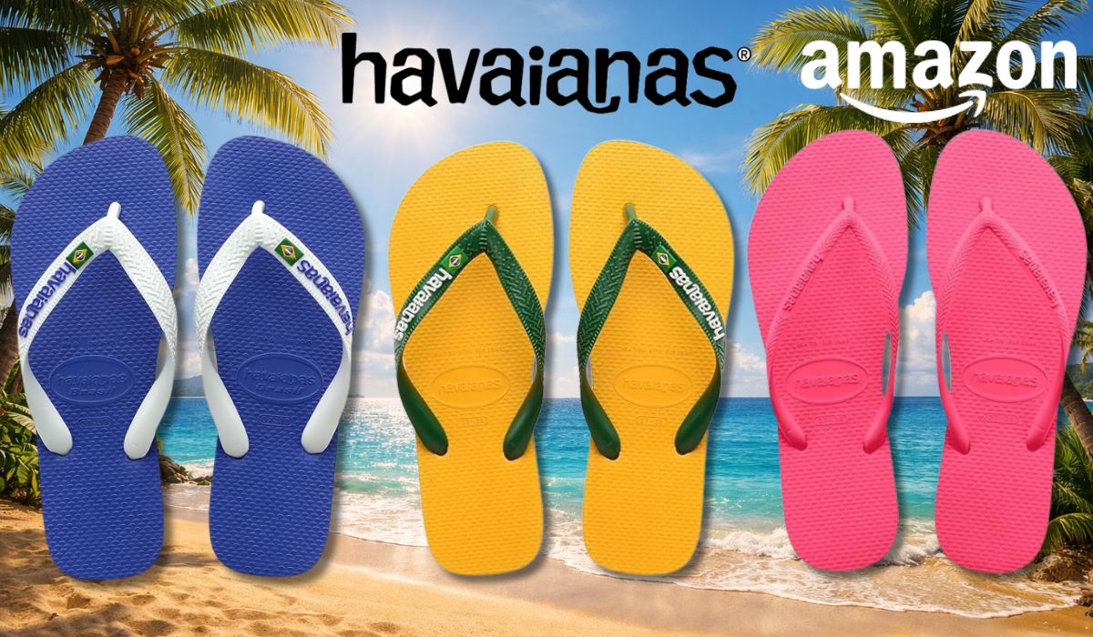 3 Havaianas Modelle vor einem Strandhintergrund.