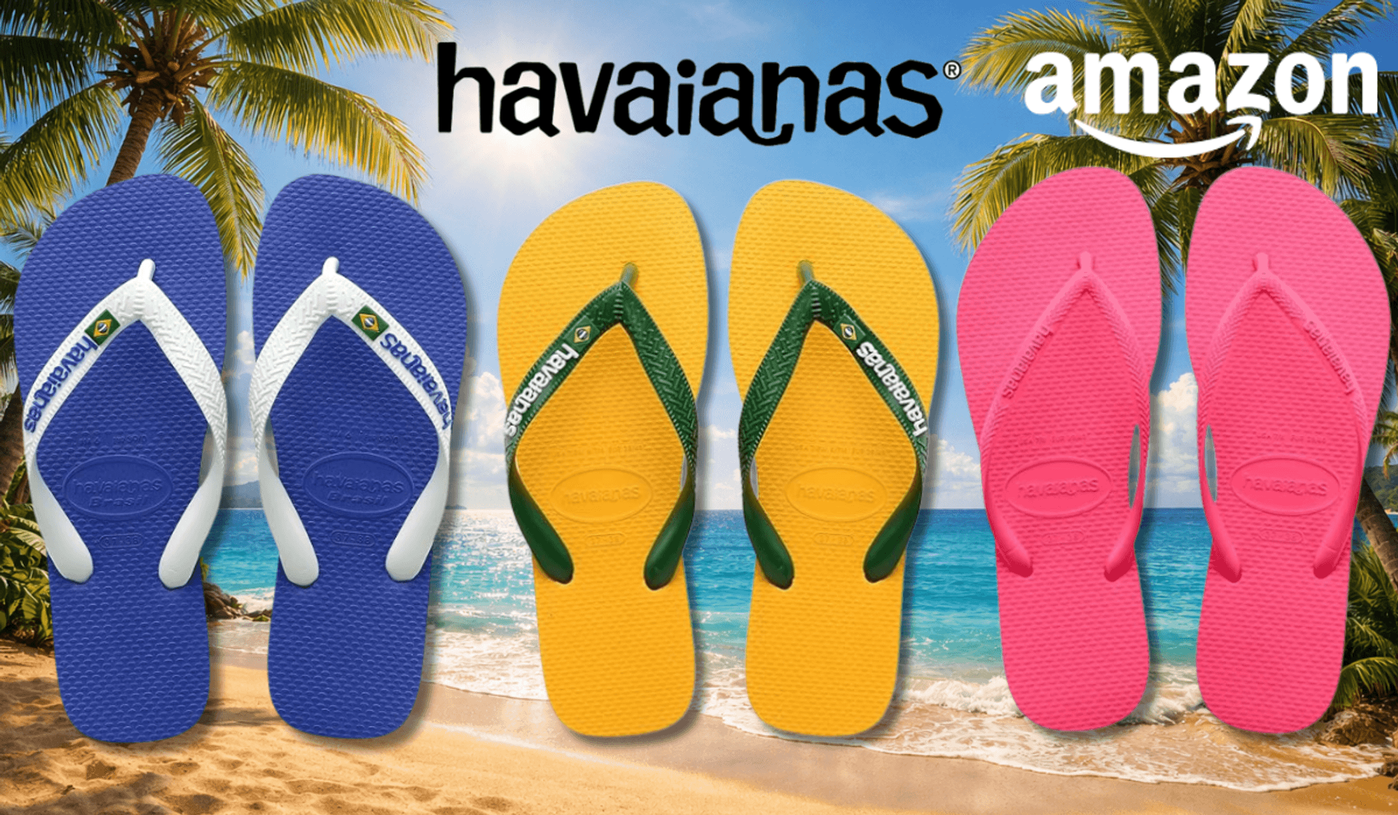 3 Havaianas Modelle vor einem Strandhintergrund.