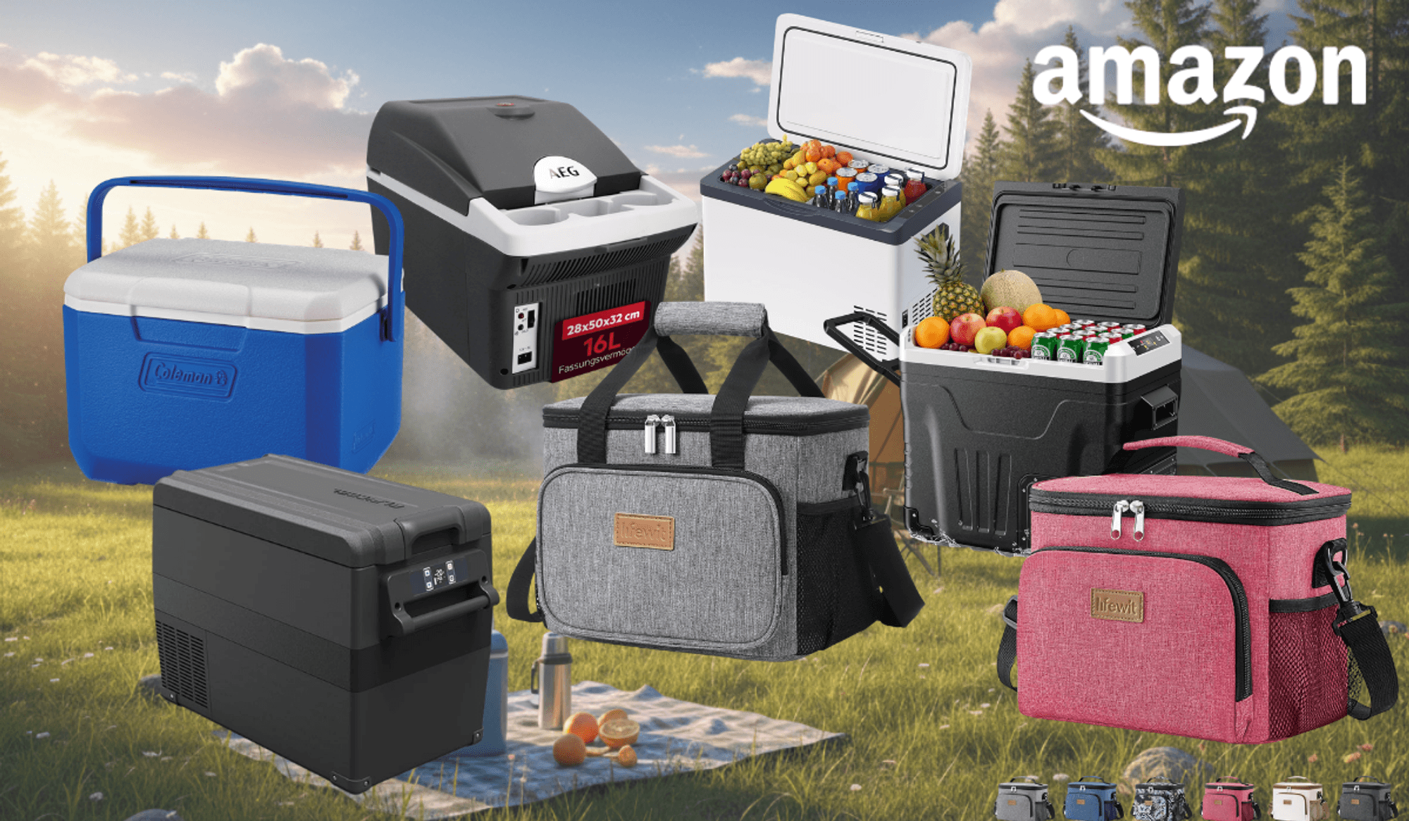 Camping-Kühlboxen und Kühltaschen im Amazon Sale – darunter eine blaue Coleman-Kühlbox, eine schwarze Kompressor-Kühlbox, eine thermoelektrische AEG-Kühlbox sowie graue und rosafarbene Kühltaschen von Lifewit – vor sommerlicher Outdoor-Kulisse mit Zelt und Wiese.