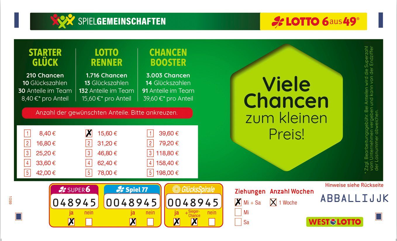 Das Bild informiert über die Spielgemeinschaften von LOTTO 6aus49 mit drei verschiedenen Optionen und stellt jeweils die unterschiedlichen Chancen, Glückszahlen und Anteile im Team sowie die Kosten pro Anteil dar. Auf der rechten Seite steht der Slogan "Viele Chancen zum kleinen Preis!"