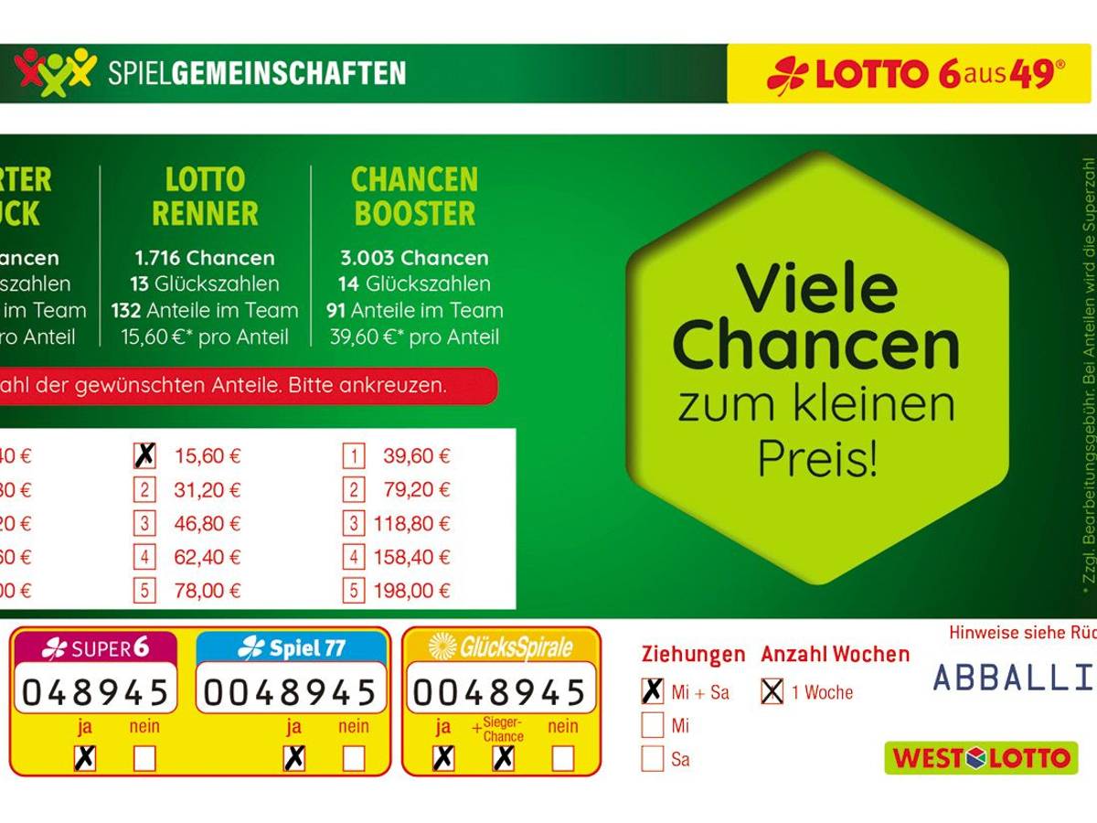 Das Bild informiert über die Spielgemeinschaften von LOTTO 6aus49 mit drei verschiedenen Optionen und stellt jeweils die unterschiedlichen Chancen, Glückszahlen und Anteile im Team sowie die Kosten pro Anteil dar. Auf der rechten Seite steht der Slogan "Viele Chancen zum kleinen Preis!"