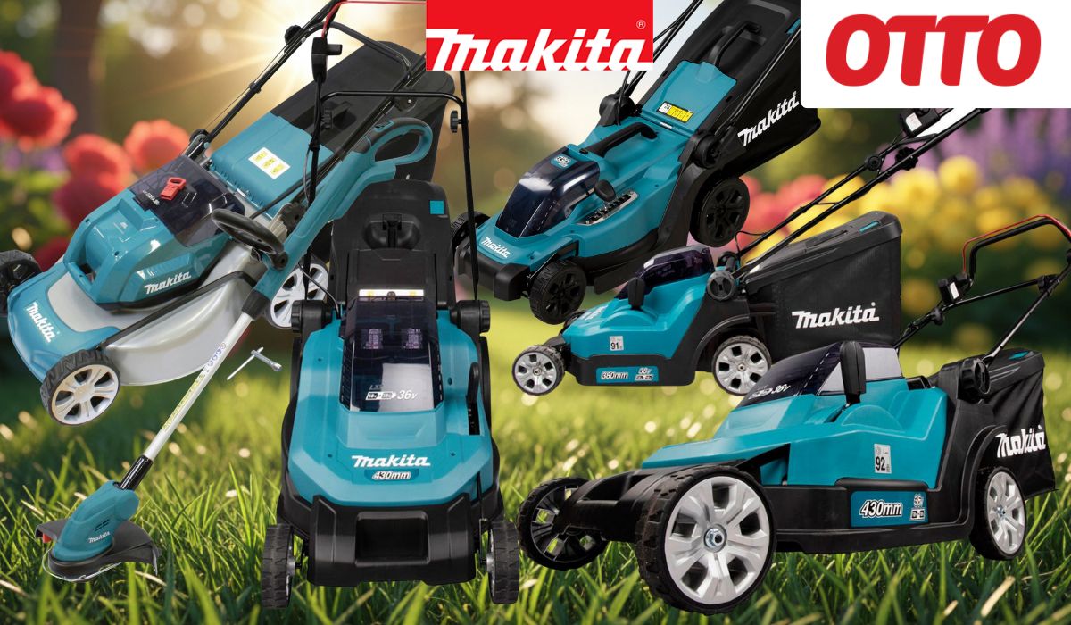 Collage mehrerer Makita Akku-Rasenmäher und eines Akku-Rasentrimmers in Türkis-Schwarz auf grünem Frühlingsrasen, mit OTTO-Logo, Makita-Logo und rotem Sale-Badge „Bis -35% Rabatt zur UVP".