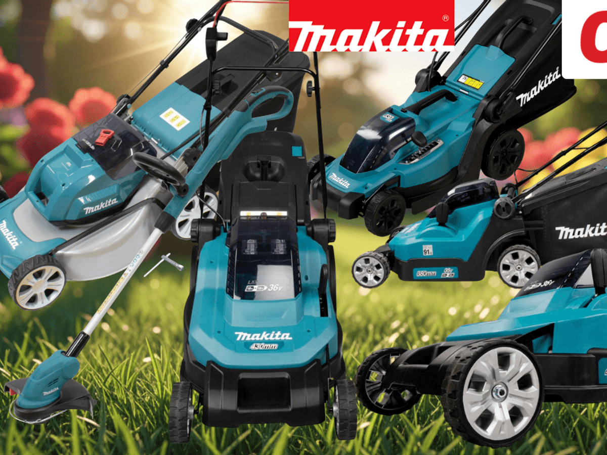 Collage mehrerer Makita Akku-Rasenmäher und eines Akku-Rasentrimmers in Türkis-Schwarz auf grünem Frühlingsrasen, mit OTTO-Logo, Makita-Logo und rotem Sale-Badge „Bis -35% Rabatt zur UVP".