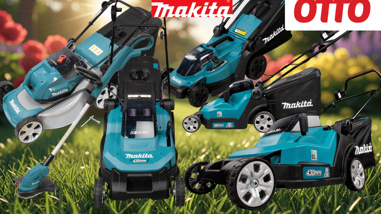 Collage mehrerer Makita Akku-Rasenmäher und eines Akku-Rasentrimmers in Türkis-Schwarz auf grünem Frühlingsrasen, mit OTTO-Logo, Makita-Logo und rotem Sale-Badge „Bis -35% Rabatt zur UVP".