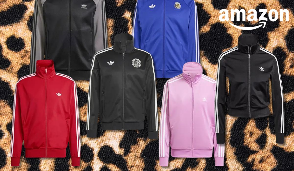 Verschiedene adidas Jacken vor einem Leo-Hintergrund.