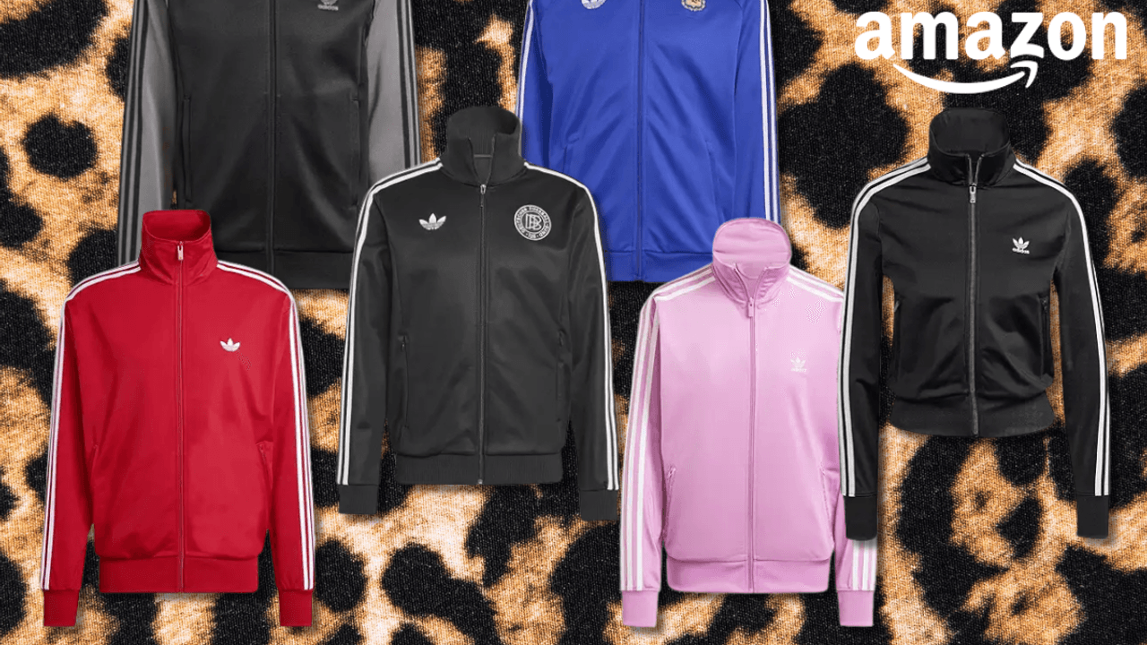 Verschiedene adidas Jacken vor einem Leo-Hintergrund.