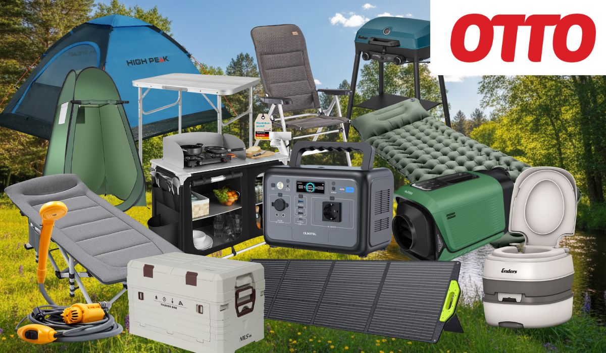 Camping-Produkte, darunter ein High Peak Kuppelzelt, ein Campingstuhl, ein Klapptisch, eine Campingküche, ein Gasgrill, eine Isomatte, ein Feldbett, eine Powerstation, ein Solarpanel, eine Kühlbox, eine Camping-Klimaanlage und eine portable Toilette vor einem Natur-Hintergrund am See.