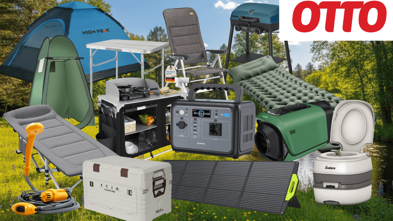 Camping-Produkte, darunter ein High Peak Kuppelzelt, ein Campingstuhl, ein Klapptisch, eine Campingküche, ein Gasgrill, eine Isomatte, ein Feldbett, eine Powerstation, ein Solarpanel, eine Kühlbox, eine Camping-Klimaanlage und eine portable Toilette vor einem Natur-Hintergrund am See.
