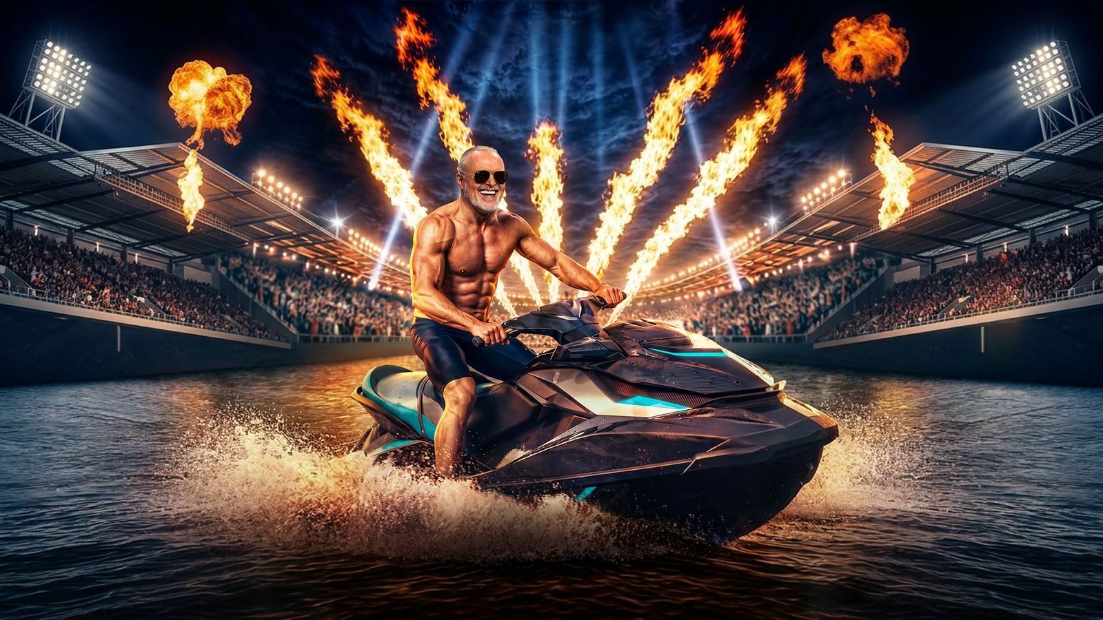 In Stefan Raabs neuer RTL-Show „Jetski Star WM“ soll es rasant werden. (Bild: RTL / Raab Entertainment / KI-generiert)