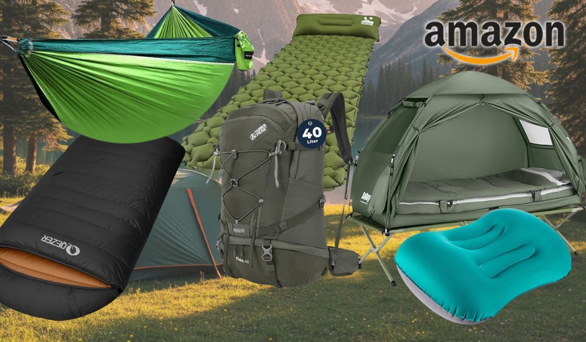 Camping-Produkte wie Zelt, Hängematte, Isomatte, Schlafsack, Rucksack vor einem Hintergrund mit Wäldern und Gebirge.