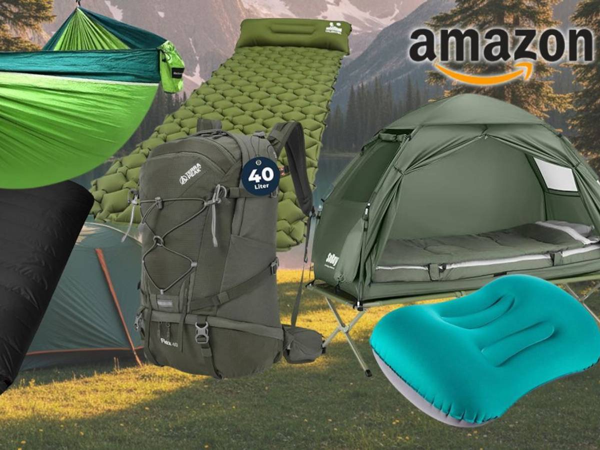 Camping-Produkte wie Zelt, Hängematte, Isomatte, Schlafsack, Rucksack vor einem Hintergrund mit Wäldern und Gebirge.