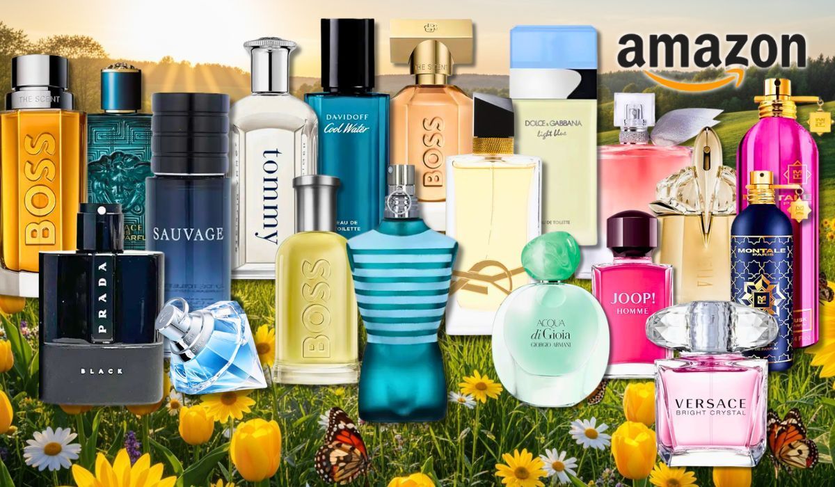 Viele Parfum Flakons von Marken wie Mugler, Boss, Tommy Hilfiger, Diesel, Versace, DKNY, Ralph Lauren und vielen mehr vor rosa Hintergrund mit Herzen.