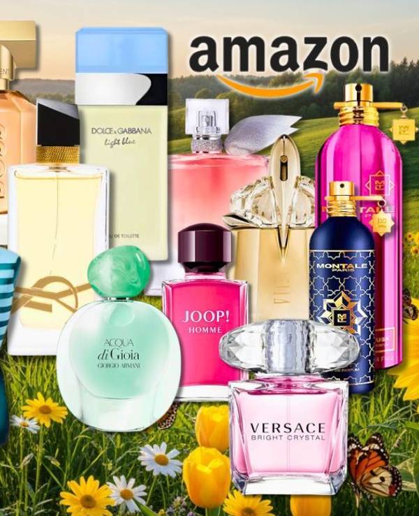 Viele Parfum Flakons von Marken wie Mugler, Boss, Tommy Hilfiger, Diesel, Versace, DKNY, Ralph Lauren und vielen mehr vor rosa Hintergrund mit Herzen.