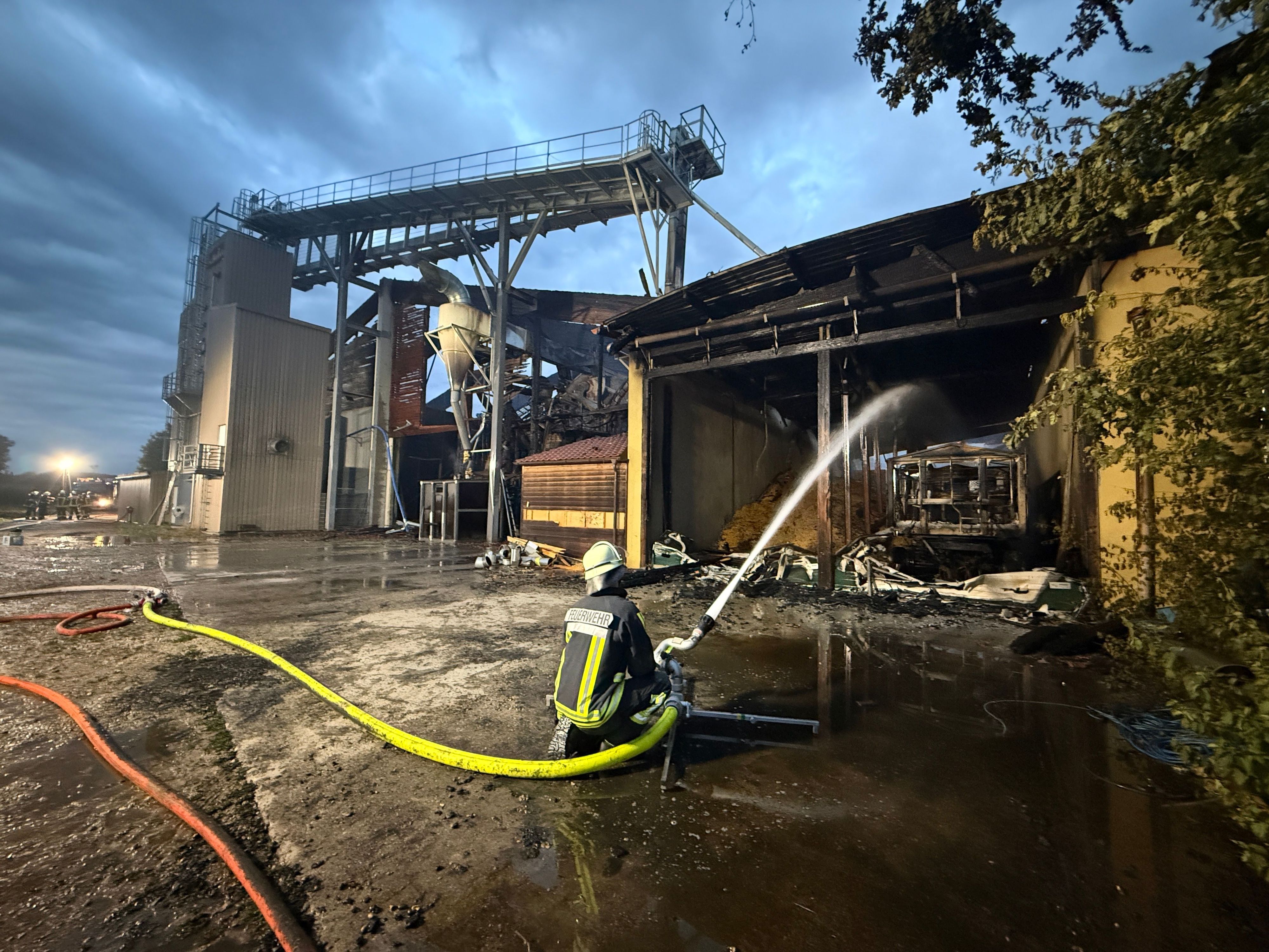 Feuerwehrleute sind beim Brand eines Schweinestalls im Einsatz. Mehr als 1.000 Schweine sind bei einem Brand auf einem Bauernhof in Bayern gestorben.
