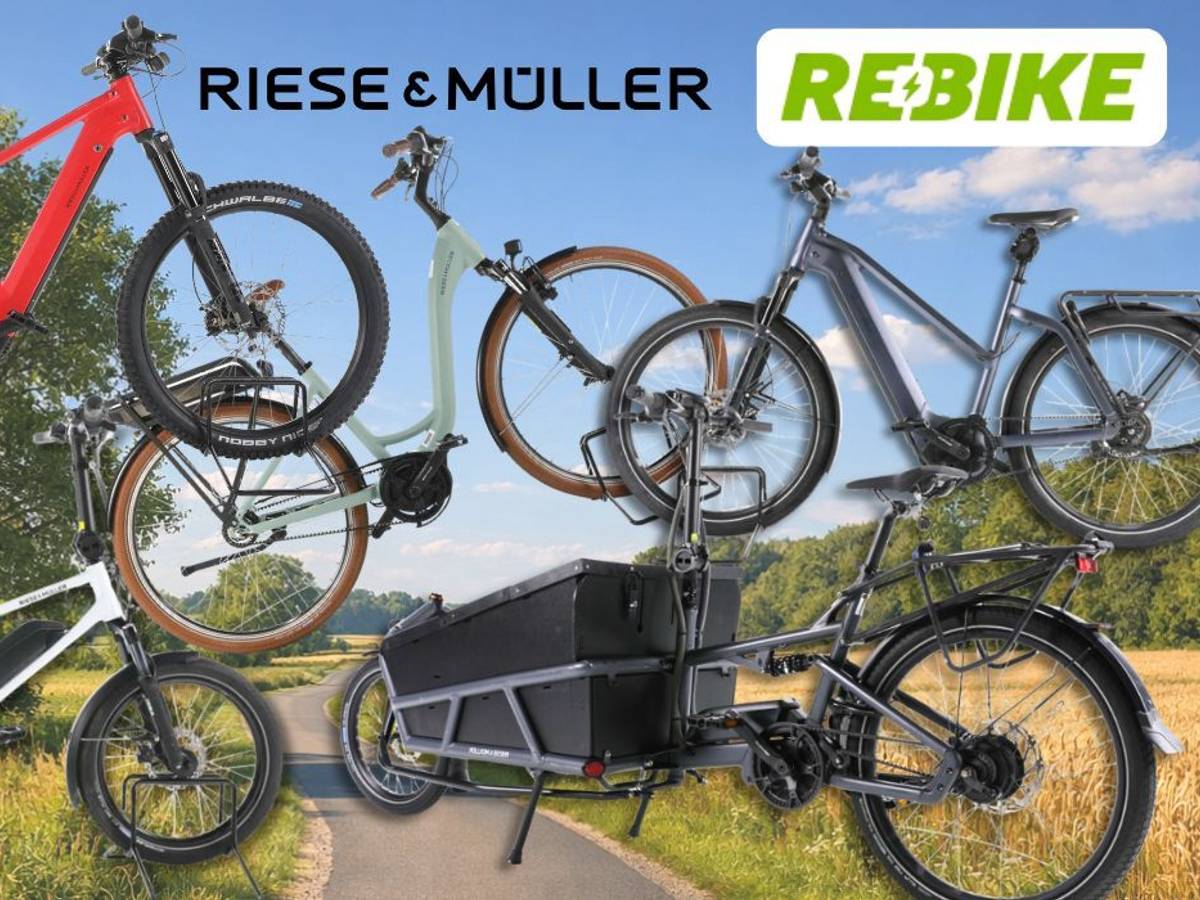 Riese & Müller E-Bike Modelle wie City-Bike, Mountian Bike und Lastenrad an einem sonnigen Tag vor einer Landstraße mit Wiesen, Feldern und Wald.