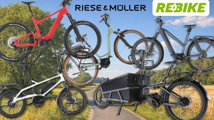 Riese & Müller E-Bike Modelle wie City-Bike, Mountian Bike und Lastenrad an einem sonnigen Tag vor einer Landstraße mit Wiesen, Feldern und Wald.