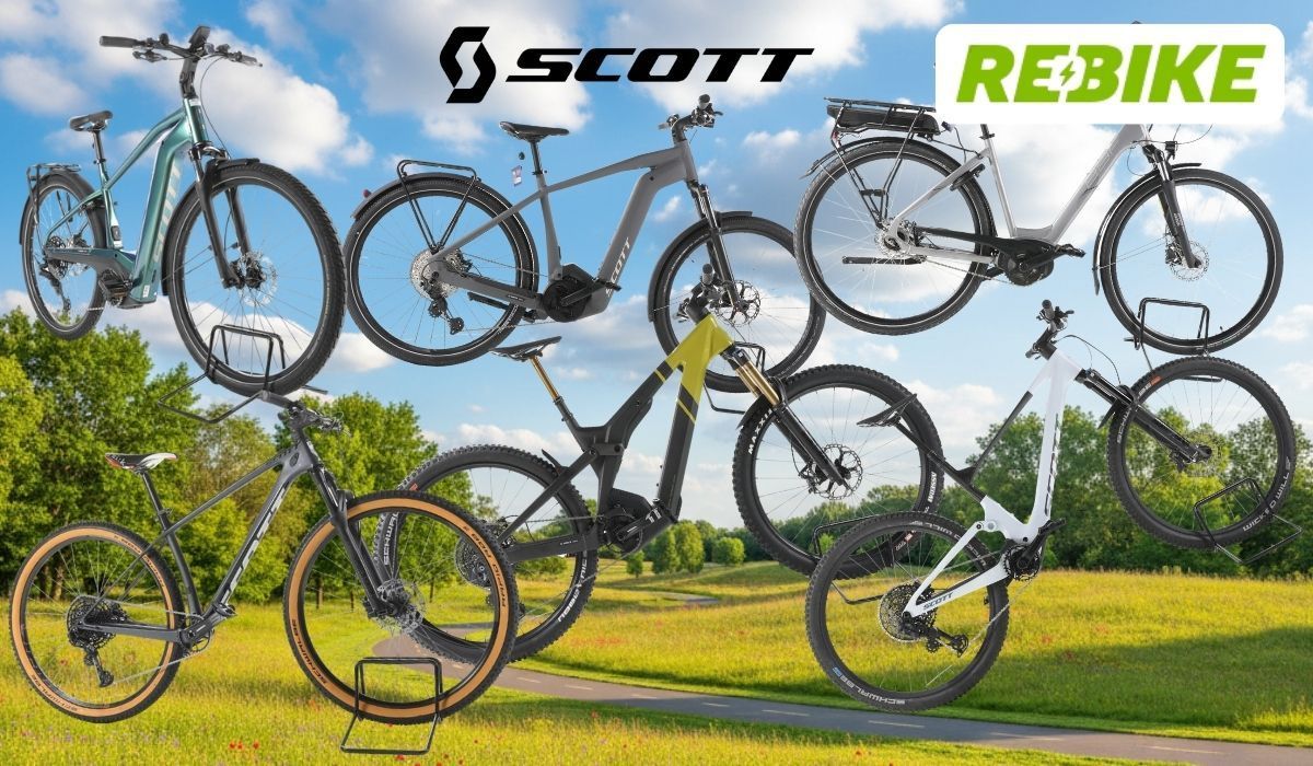 Scott E-Bikes und Fahrräder wie Trekking-E-Bikes, E-Mountainbikes und ein Gravelbike – vor grüner Landschaft mit blauem Himmel und Landstraße, mit den Logos von Rebike und Scott.