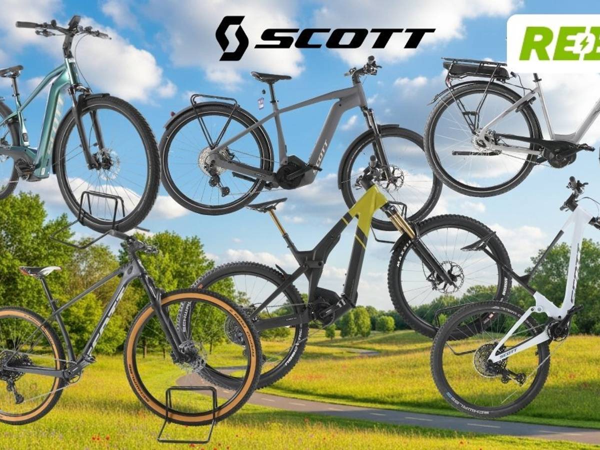 Scott E-Bikes und Fahrräder wie Trekking-E-Bikes, E-Mountainbikes und ein Gravelbike – vor grüner Landschaft mit blauem Himmel und Landstraße, mit den Logos von Rebike und Scott.